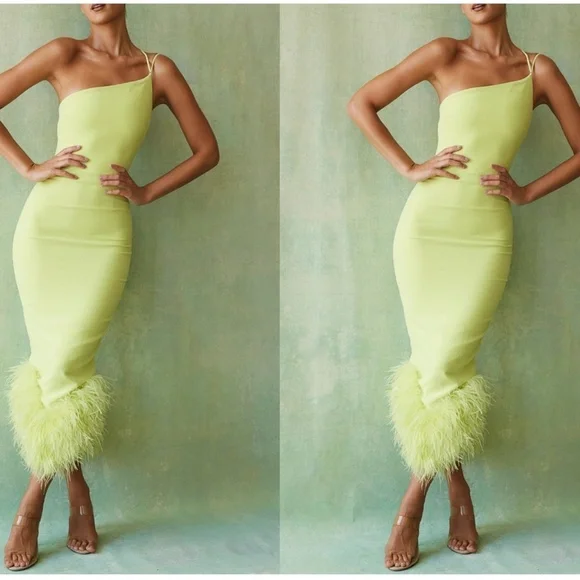 House of CB ‘Alessia’ Lime Feathered Midi Dress NWOT size XS‎ $299 - Picture 12 of 16